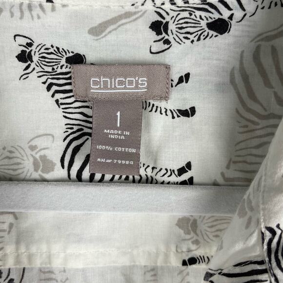 Chico's 100% Cotton Button Down Casual Cream & Black Zebra Size Medium - Picture 8 of 8